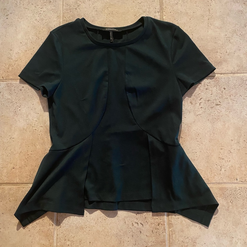 BCBGMaxAzria Dark Green Short Sleeve Peplum Top